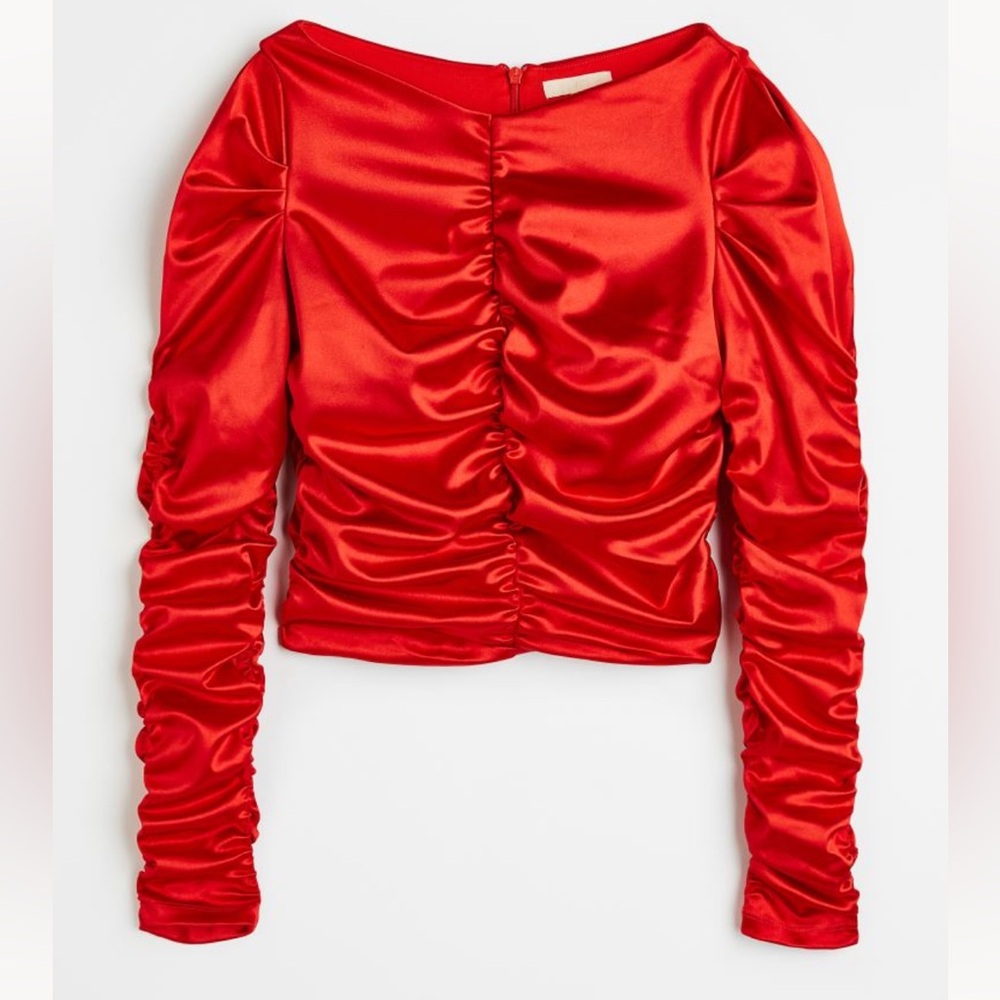 Soft and Stretchy Beautiful Bright Red Satin Ruched Blouse By H&M Size M NWT
